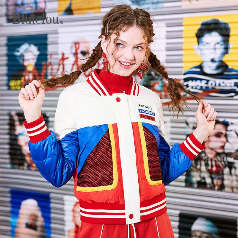 2019 Autumn and winter stitching thin down jackets fashion women stand collar short | Женская одежда