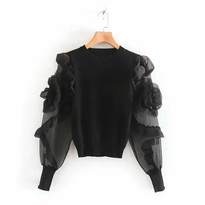 Женская трикотажная блузка с круглым вырезом и длинным рукавом|Блузки| |