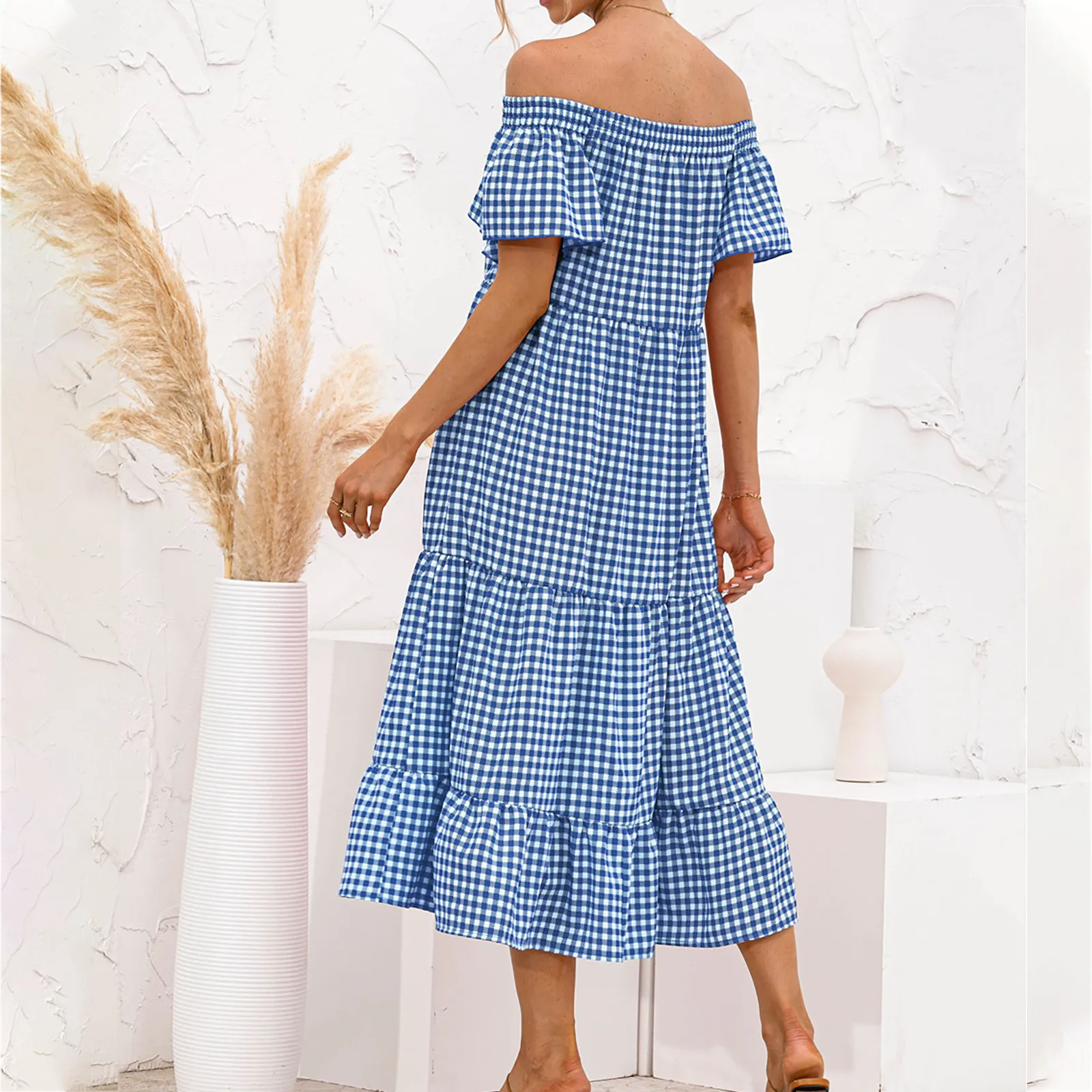 

Women Ladies Tunic Lace-up Slim Fit Pink Floral Ruffles Dress Women Sexy Shoulder Neck Short Sleeve Plaid Print Flowy Dress