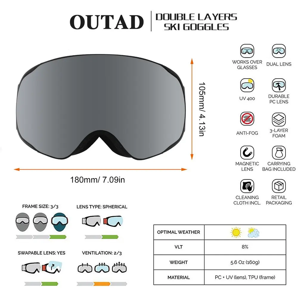 

Double Layers Ski Goggles UV Anti-fog Protection Ski Mask Glasses Eyewear Skiing Outdoor Sports Skating Skiing Goggles