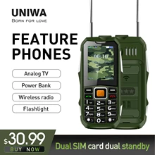 UNIWA ATV02 Feature Phone 3.5 Earphone Jack Mp3 Music Player   Push-Button Loud Cellphone with Flashlight Support Analog TV