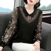 women spring autumn style mesh lace blouses shirts lady casual long sleeve peter pan collar patchwork blusas tops zz0656