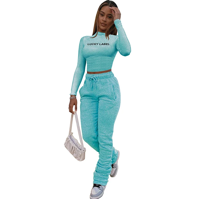 

Turtleneck Letter Lucky Label Print Long Sleeve Tops & Stacked Pants Regular New Autumn Women Suit Casual 2 Piece Set