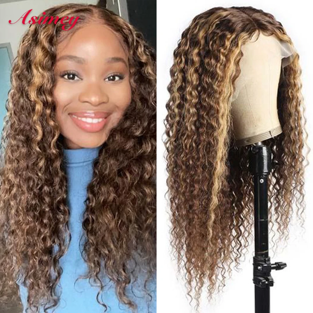 

Asimey 32in Curly Wave Wig Lace Frontal Wigs 180% Highlight Human Hair Pre Plucked Bleached Knots Brazilian Remy For Black Women