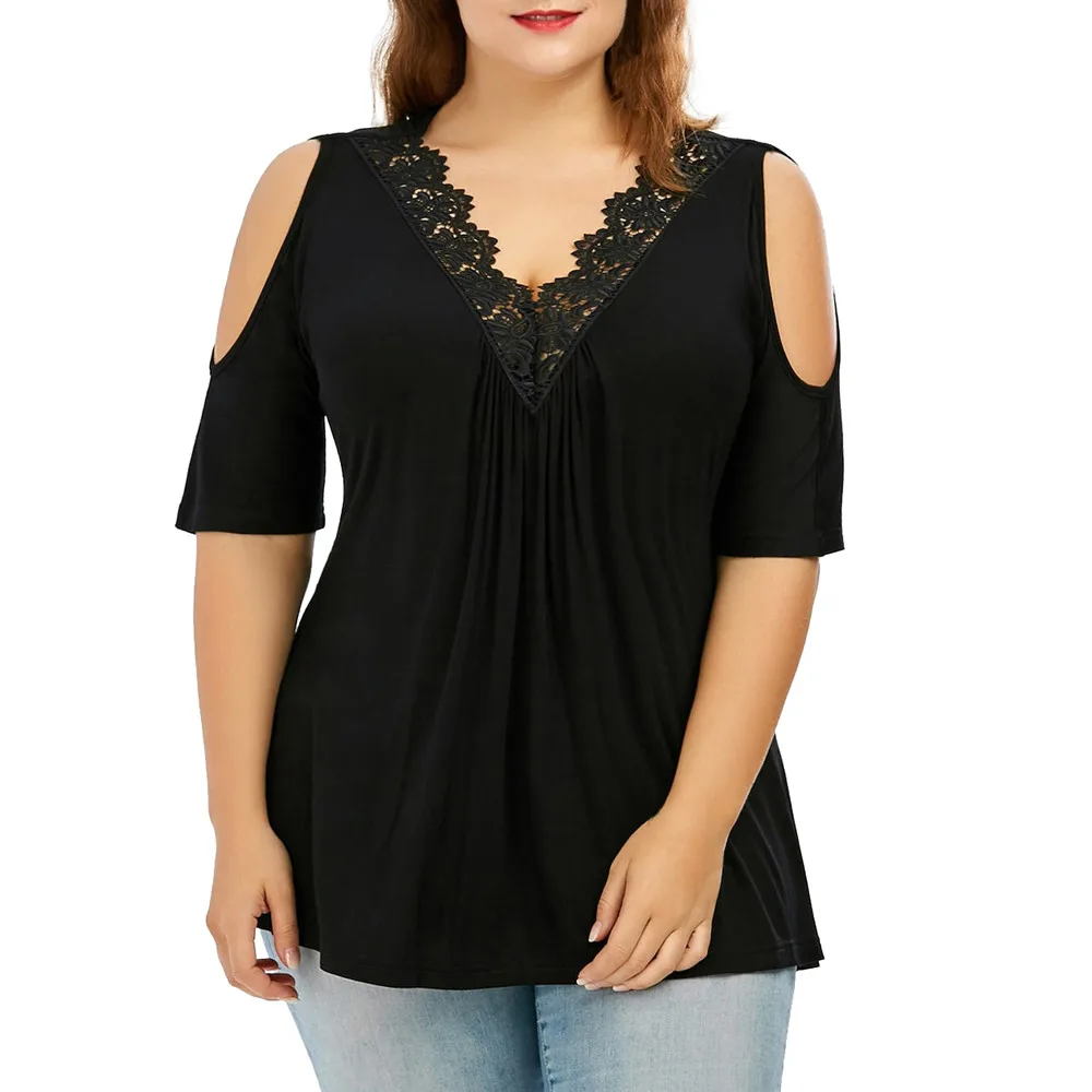 New Tshirt Plus Size 5XL Lace Strapless T-shirt Sexy V Neck Short Sleeve Loose Women Tunic blusas mujer de moda 2019 haut femme | Женская