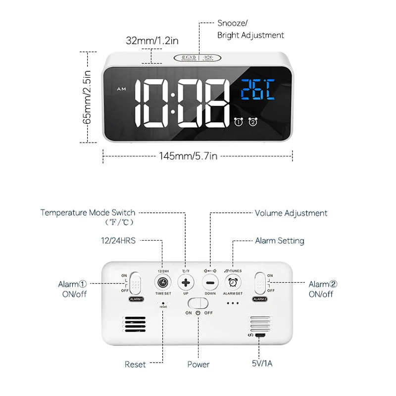 24/12 часов цифровой зеркальный будильник светодиодный функция повтора музыки