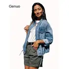 Джинсовая куртка женская с карманами, свободная однотонная куртка из денима на завязках, с длинным рукавом, с круглым вырезом, на пуговицах, Осень-зима