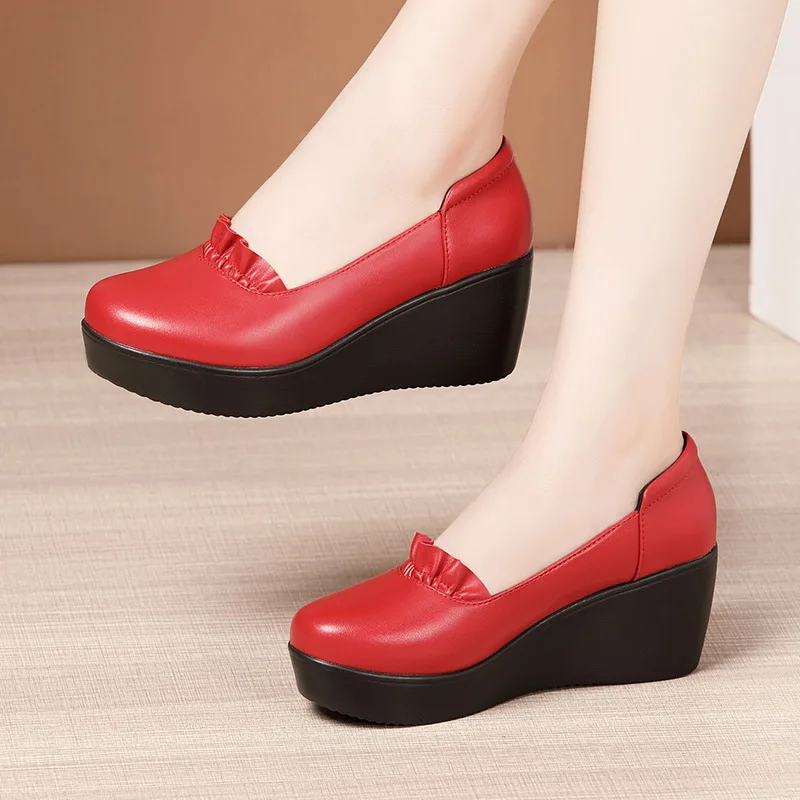 

Round Head Middle Age Shoes Women Wedges Heel Office Shoes Women High Heels Platform Ladies Heels