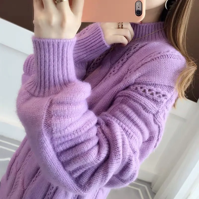 2019 Autumn Winter Women Knitted Sweaters Pullovers Turtleneck Long Sleeve Solid Color Female Loose Lantern Sweater | Женская одежда