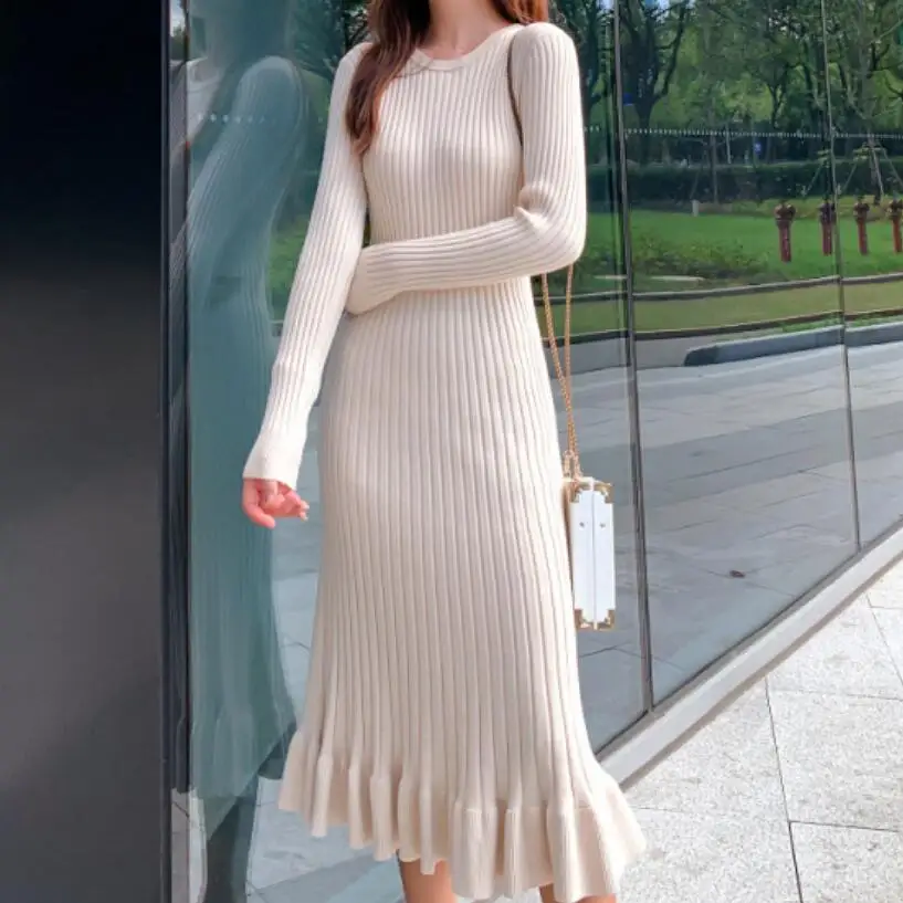 2019 осенне зимнее толстое платье свитер русалка женское длинное с круглым вырезом