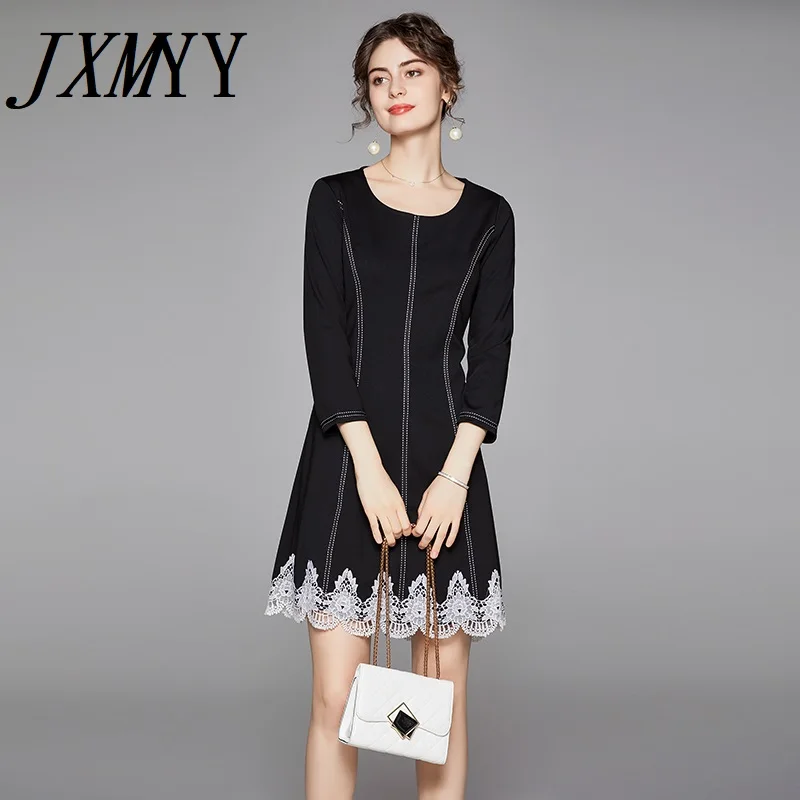 

JXMYY, Новинка осени 2020, модное и удобное кружевное элегантное темпераментное тонкое черное платье средней длины для женщин