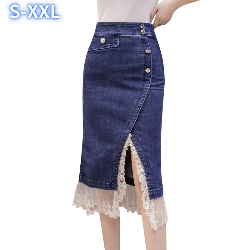 

Женская модная кружевная джинсовая юбка с прострочкой, пикантная джинсовая юбка средней длины с разрезом спереди и запахом на бедрах, на пу...