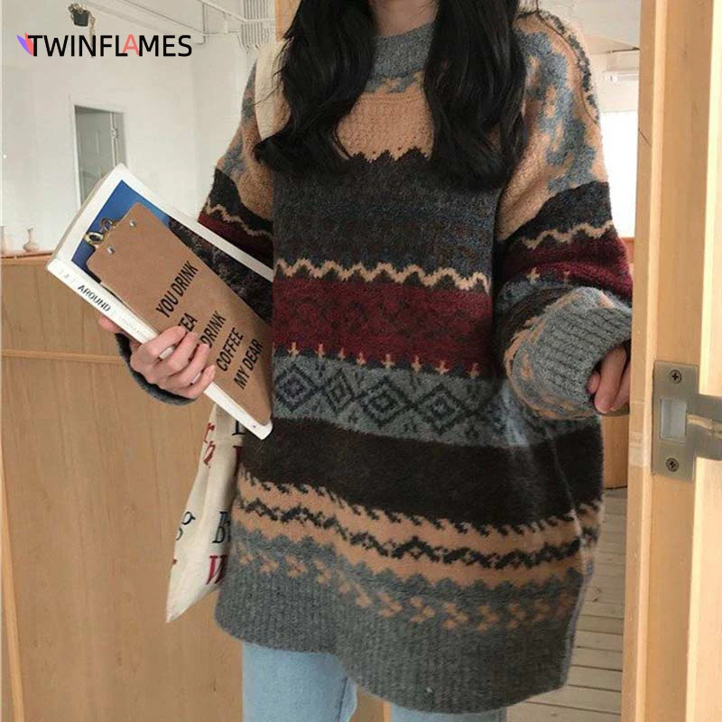 

Winter Vintage Women's Sweater Striped Jumpers Korean Female Style Outerwear Long Sleeve Loose Pullover Knitwear Casual Tops Pul