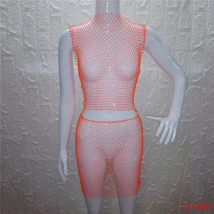 neon orange O-neck Блестящие Кристальные Стразы, женская одежда, сетчатые Прозрачные топы, клетчатые сексуальные мини юбки, летний комплект из 2 предметов, Клубные, трендовые - Цвет: neon orange O-neck