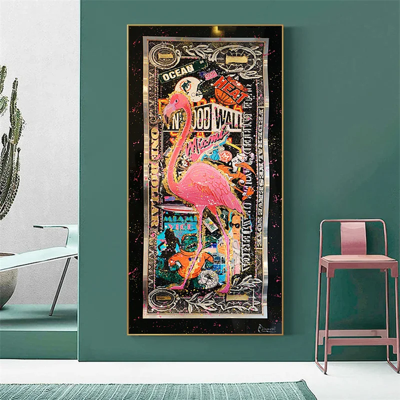 

Flamingo Heat Money Art Canvas Oil Painting Abstract Funny Animal Money Art Poster and Print Wall Picture for Living Room Decor
