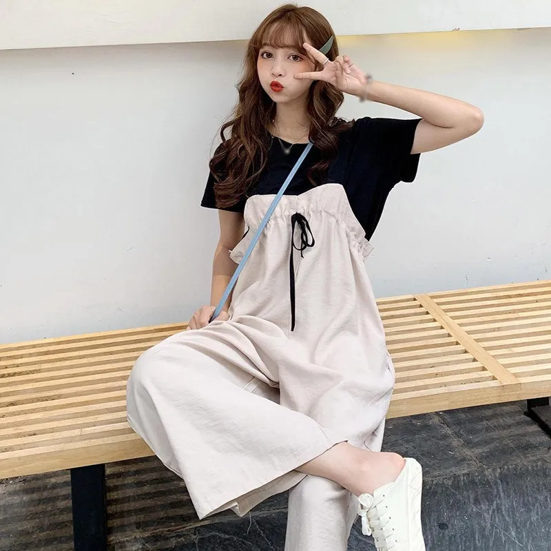 

New Arrival Spring Summer Women Small Fresh Temperament Solid Color Shirt Suspenders Two-Piece Set New