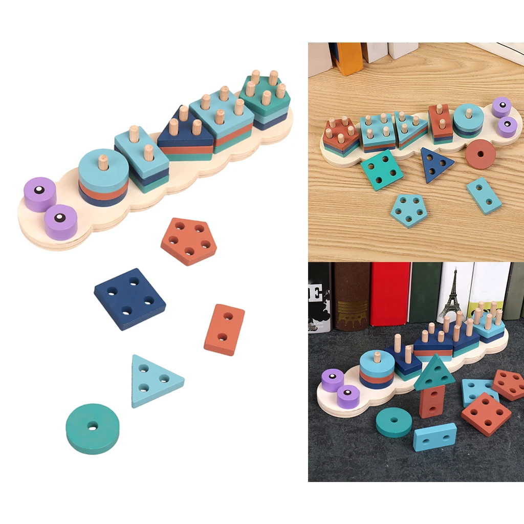 

5 in 1 Wooden Shape Sorter Board Geometric Blocks Stacking Game for Toddlers