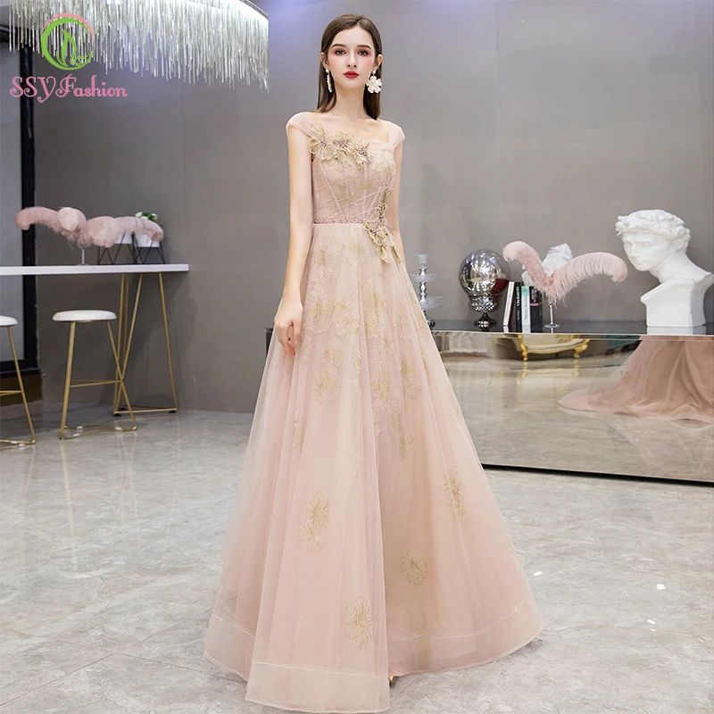 Женское вечернее платье до пола SSYFashion романтичное телесного и розового цвета с
