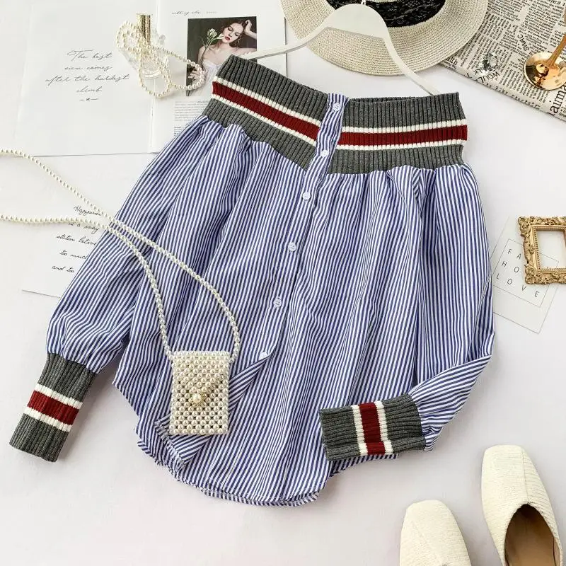 Женская хлопковая рубашка в полоску с рукавами-фонариками |