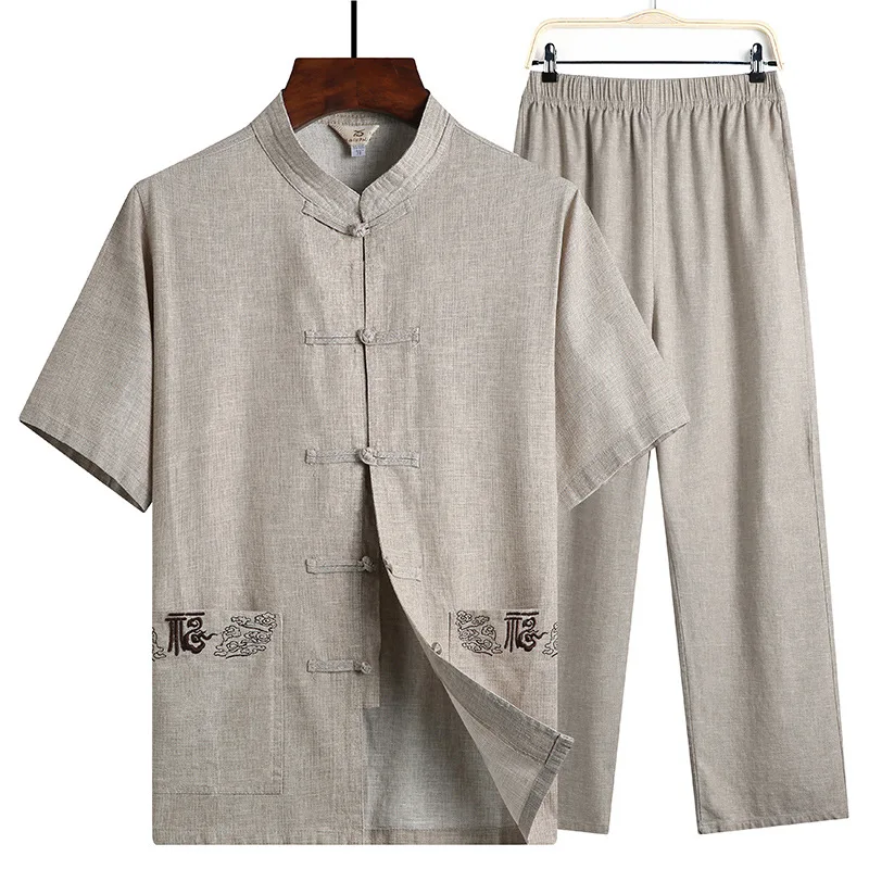 

China Embroidery #10 Traditional Chinese Clothing Set for Men Adult Tai Chi Kung Fu Uniforms Linen Short Sleeve Chinese Costumes