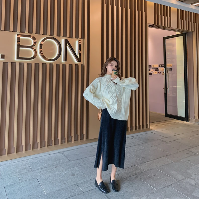 

2020 Spring Thicken High Elastic Waist Women Skirts Straight Side Split Female Loose Mid-length Skirts Warm Casual