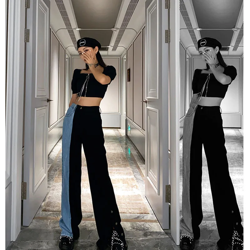 

Contrast Stitch women jeans pants High Waist Denim Trousers Straight Tube Loose Streetwear Bf Jeans Female Blue
