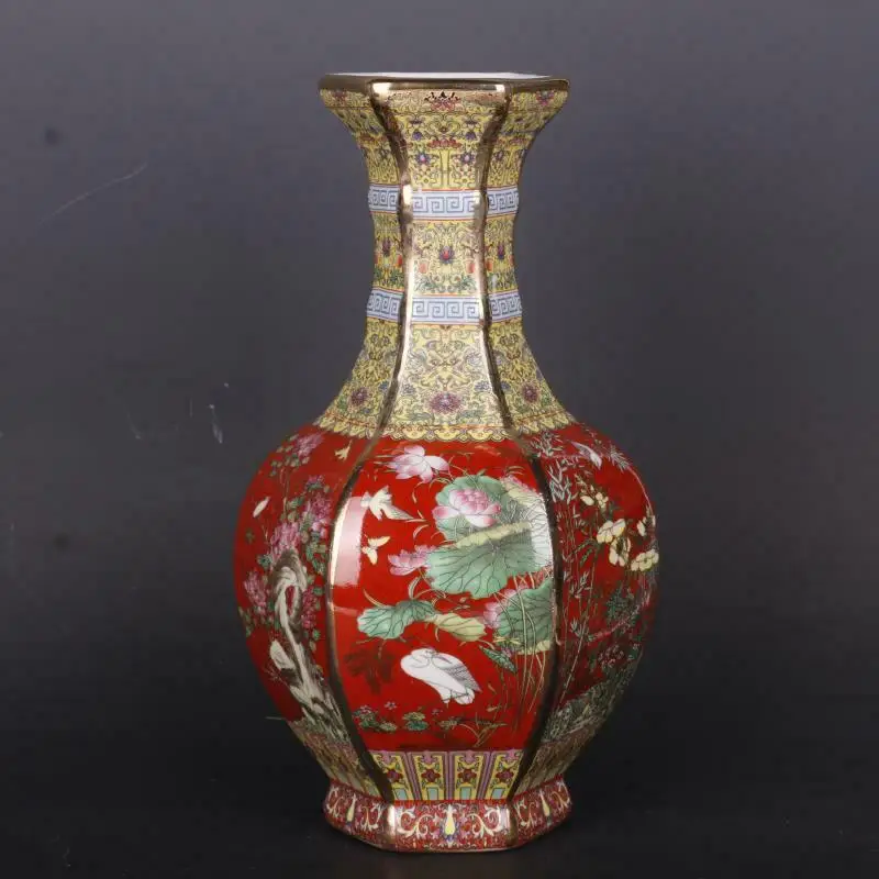 

Red 10 inch Chinese Colour Enamels Porcelain Vase Gild Flower Bird Six Sides Design