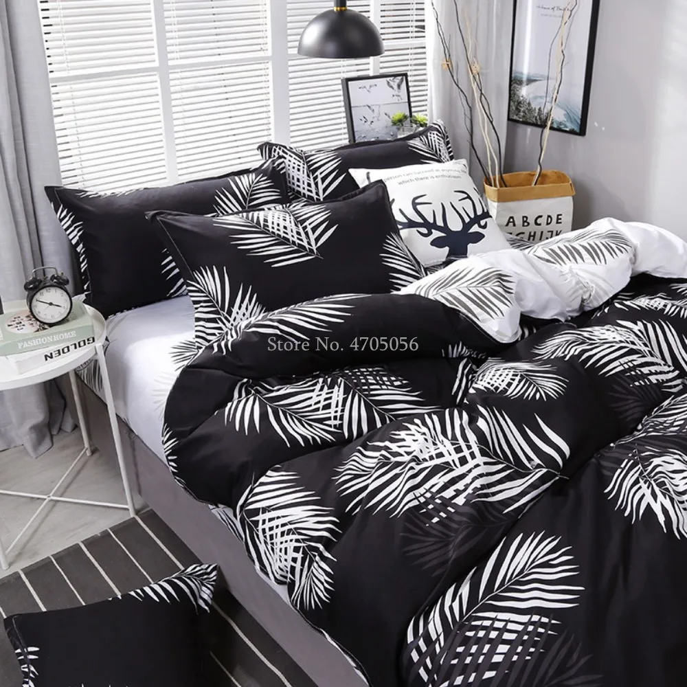 

Black White Quilt Set Offwhite Palm Tree Leaves Printed Black Background Design-Reversible Bedding Sets 3-Piece