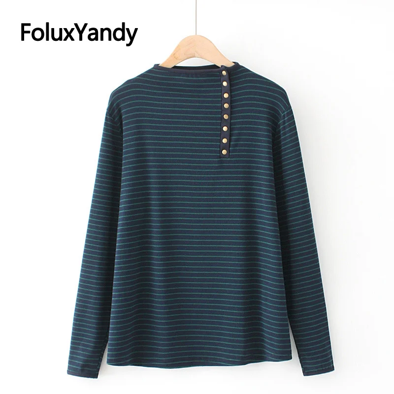 

Striped Women's Long Sleeve T-shirt Plus Size Tops Buttons O-neck Casual T Shirt Green Black Brown KKFY5007