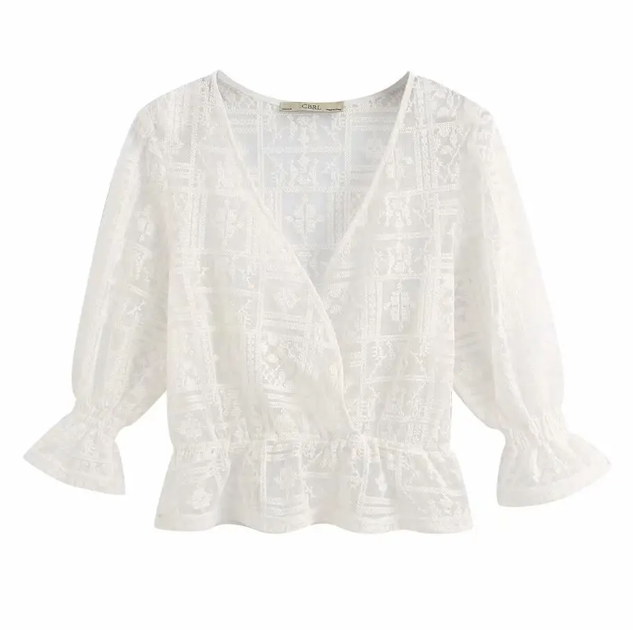 

women stylish embroidery white blouses three quarter sleeve shirts female casual V neck chic solid tops blusas mujer