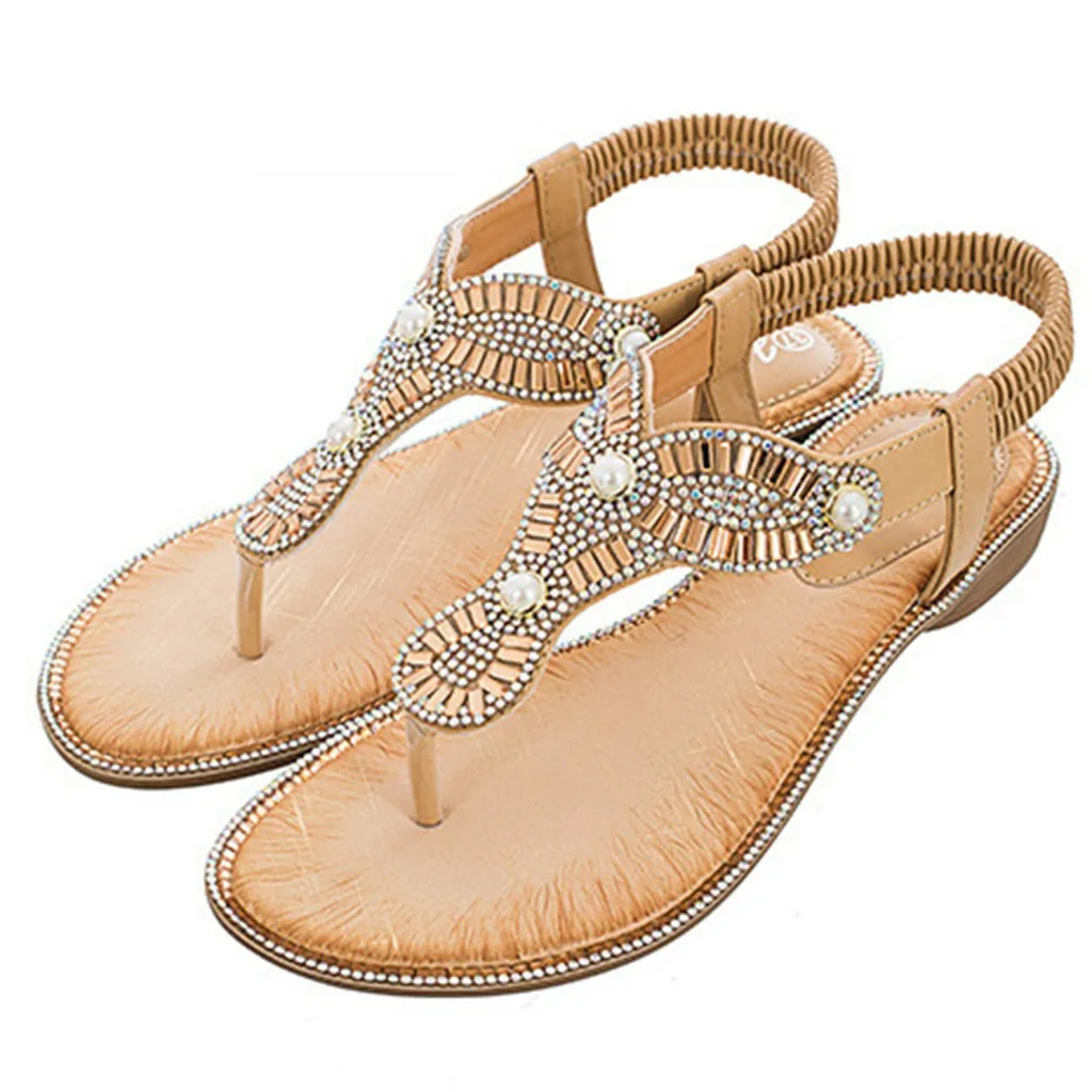 

Flat Sandals Beach Shoes Women SummerLadiesBohemia Elastic T-type String Bead Leather Sandals Woman Casual Flip Flops 2020 New