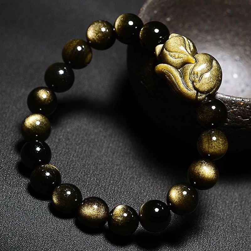 Natural Stone Gold Obsidian Fox Men Bracelet Trendy Animal Foxhound Round Beaded For Women Powerful Stretch Bangle