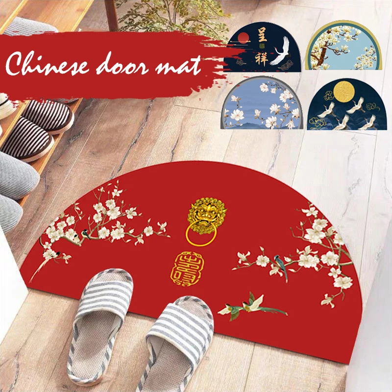 Felpudos de suelo semicirculares chinos, alfombras antideslizantes con estampado de grúa para puerta de entrada, alfombra para balcón, pasillo, alfombra para pórtico, decoración del hogar