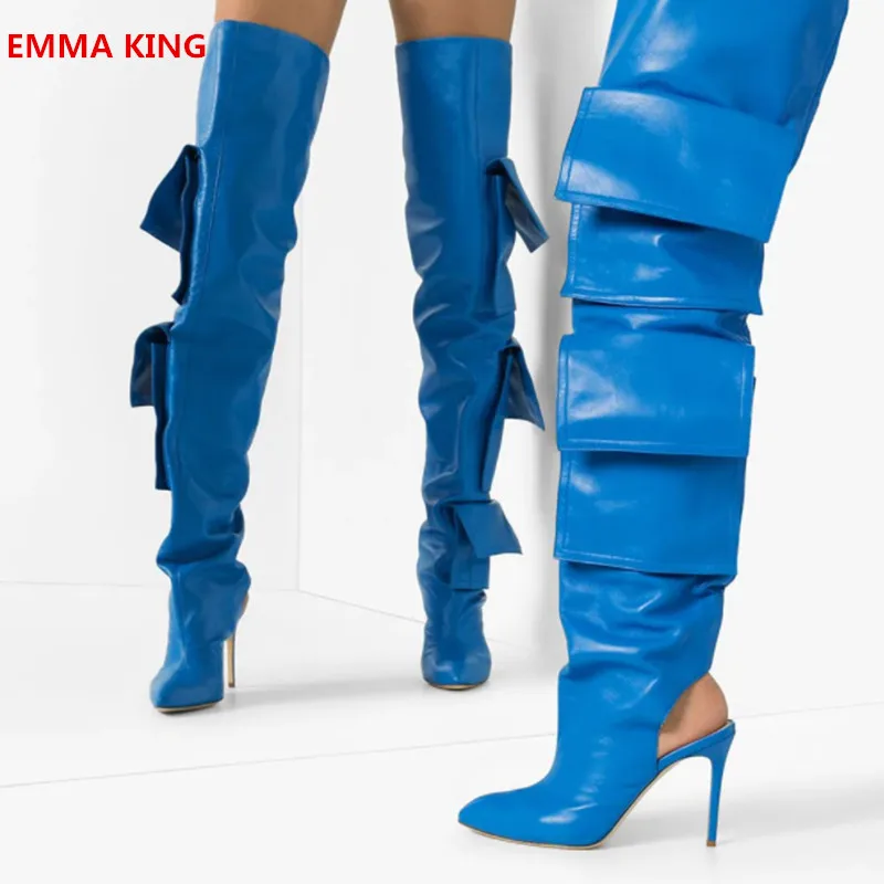 Темно синие кожаные дизайнерские женские сапоги выше колена Новинка Обувь с - Фото №1