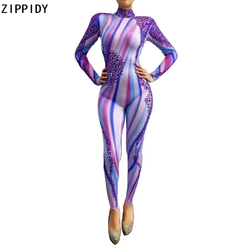 Комбинезон женский облегающий из спандекса фиолетовая одежда для ночного клуба