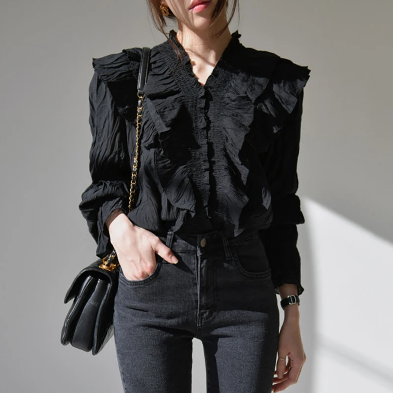 Женская рубашка с V-образным вырезом однотонная блузка на весну и осень 2021