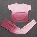 Женский комплект для йоги, бесшовный спортивный костюм, леггинсы с высокой талией, футболка с коротким рукавом, укороченный топ, костюм для фитнеса, тренировок