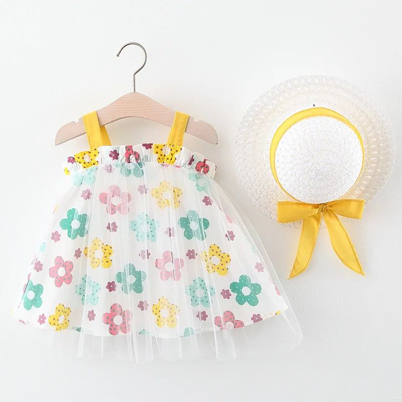 Summer New baby Sweet Flowers Cotton Dress + Bow Hat Girls Sleeveless Princess kids girl cloths |