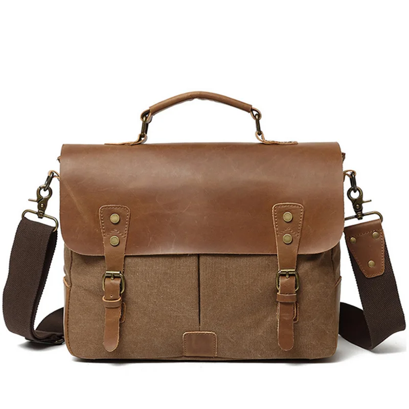 Retro Cowhide Leather Canvas Travel Bag Casual Briefcase With Tape Multi-Pocket Laptop Handbag For Men's Shoulder Bag