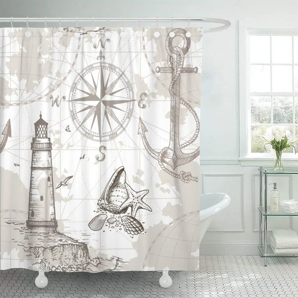 

Nautical Sea Map Compass Lighthouse Anchor and Seashells Perfect Shower Curtain Waterproof Polyester Fabric 72 x 72 Inches with