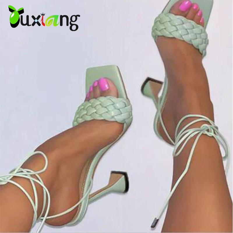 

Women Sandals Strappy Heels Summer Cross-Tied Weave Shoes Ladies Fashion Leather Peep Toe Ankle Strap Sandals Sexy High Heels