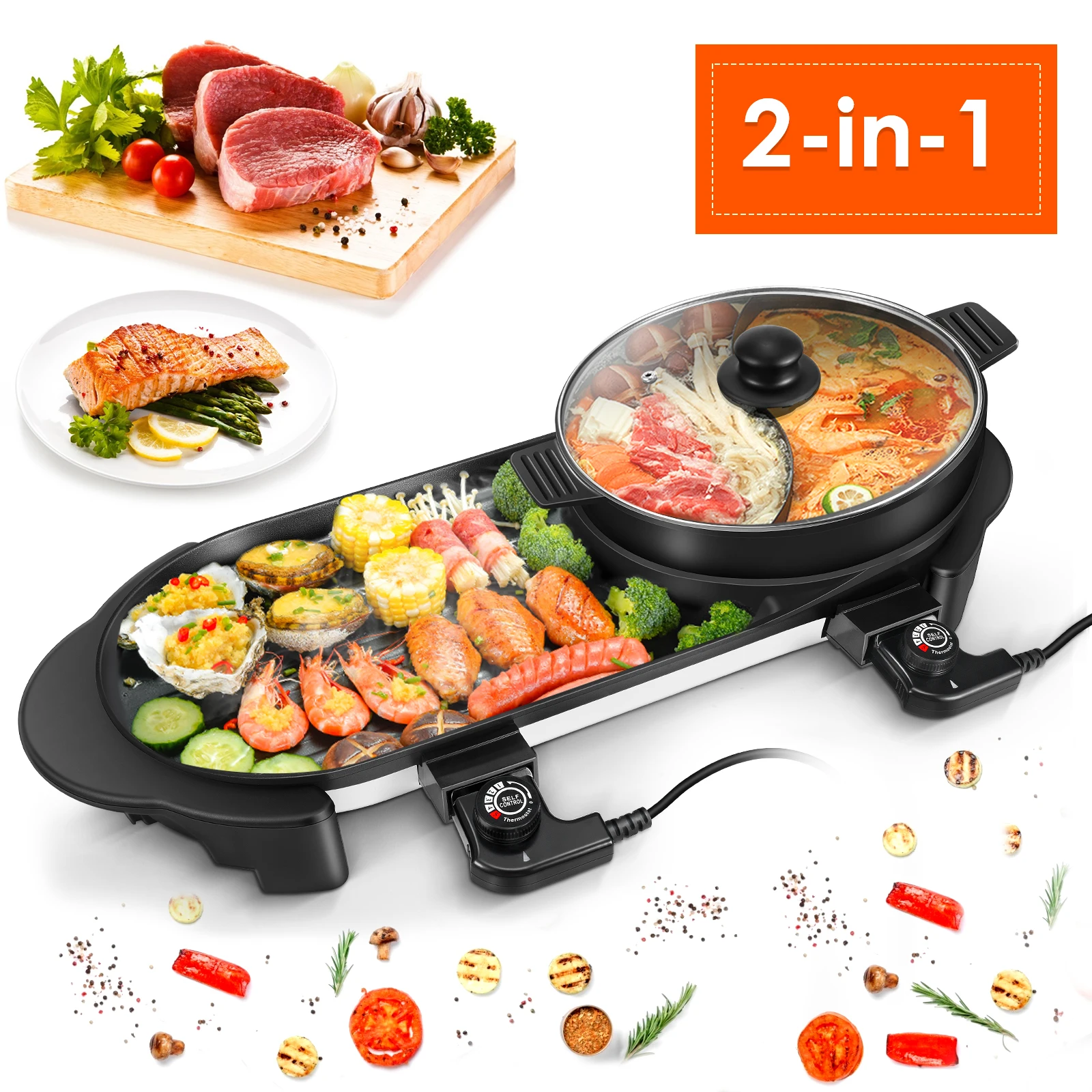 

Electric Grill Hot Pot 2 in 1 Household Multifunctional Electric Barbecue Grill Indoor Hot Pot, Non-Stick Pan Divider 110V-220V