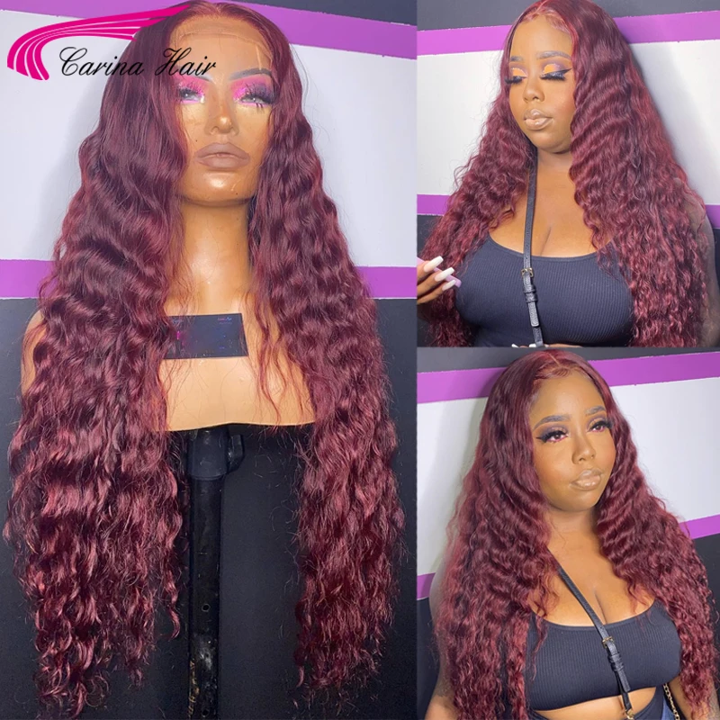 Deep Wave Frontal Wig 13X4 Lace Frontal Wigs For Women Human Hair 99J Colored Human Hair Wigs 180 Density Lace Frontal Wig