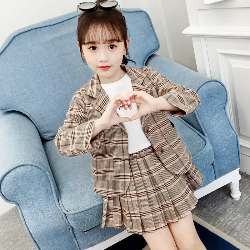 Комплект из куртки и юбки для девочек клетчатая юбка жакет в повседневном стиле