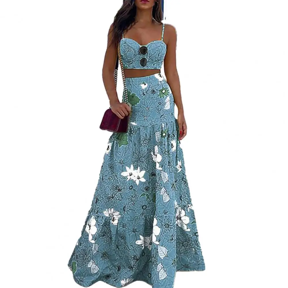 

Floral Print Summer Dresses For Women 2021 Two Piece Skirt Set Spaghetti Strap Crop Top And Maxi Long Skirt Party 2 Piece Sets