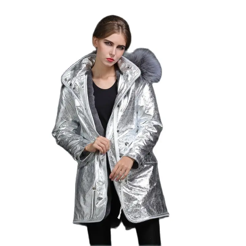 Женский Длинный тренчкот из серебристой кожи на двойной молнии Повседневная
