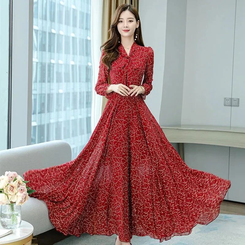 

Elegant Printing Slim Waist A-line Dress Women Vintage Slim Waist Long sleeve Floral Dresses Spring Bohemian Chiffon Dress