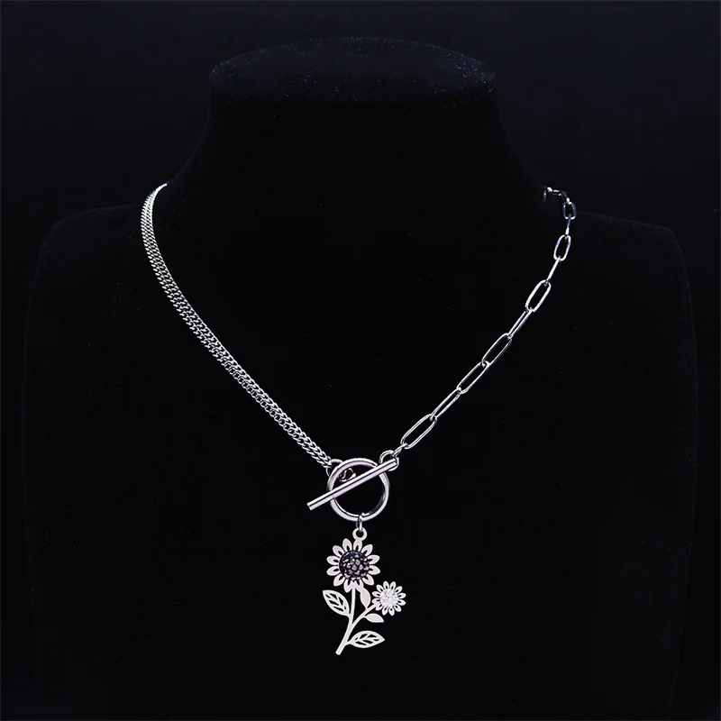 

2022 Sun Flower Stainless Steel Black Crystal Necklaces Women Silver Color Pendant Necklace Jewelry ofertas del dia N4893S06