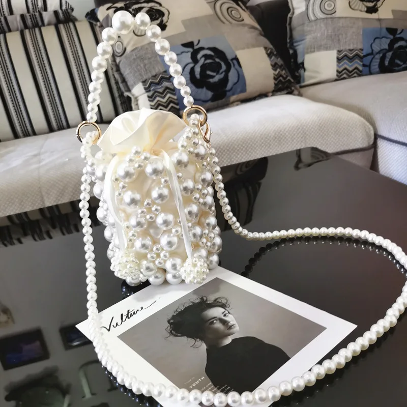 

Beaded Bucket Design Clutch Hollow Out Pearl Tassel Evening Bags Mini Party Wedding Handmade Handbags