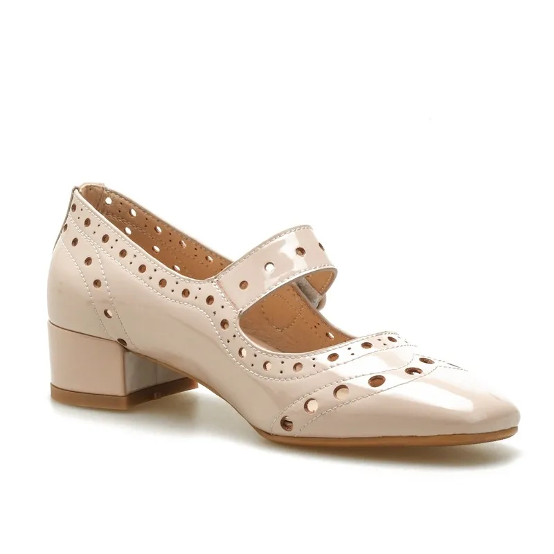 

Ladies Party Dress Mary Jane Shoes Women New Arrival 2021 Spring Real Leather Hollow Out Hook And Loop Middle Heels Pumps Nude